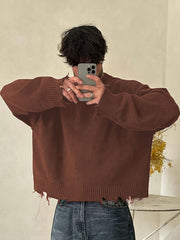 Hearujoy Men's Loose Solid Ripped Knitted Pullover, Street Style Long Sleeve Crew Neck Sweater For Fall Winter