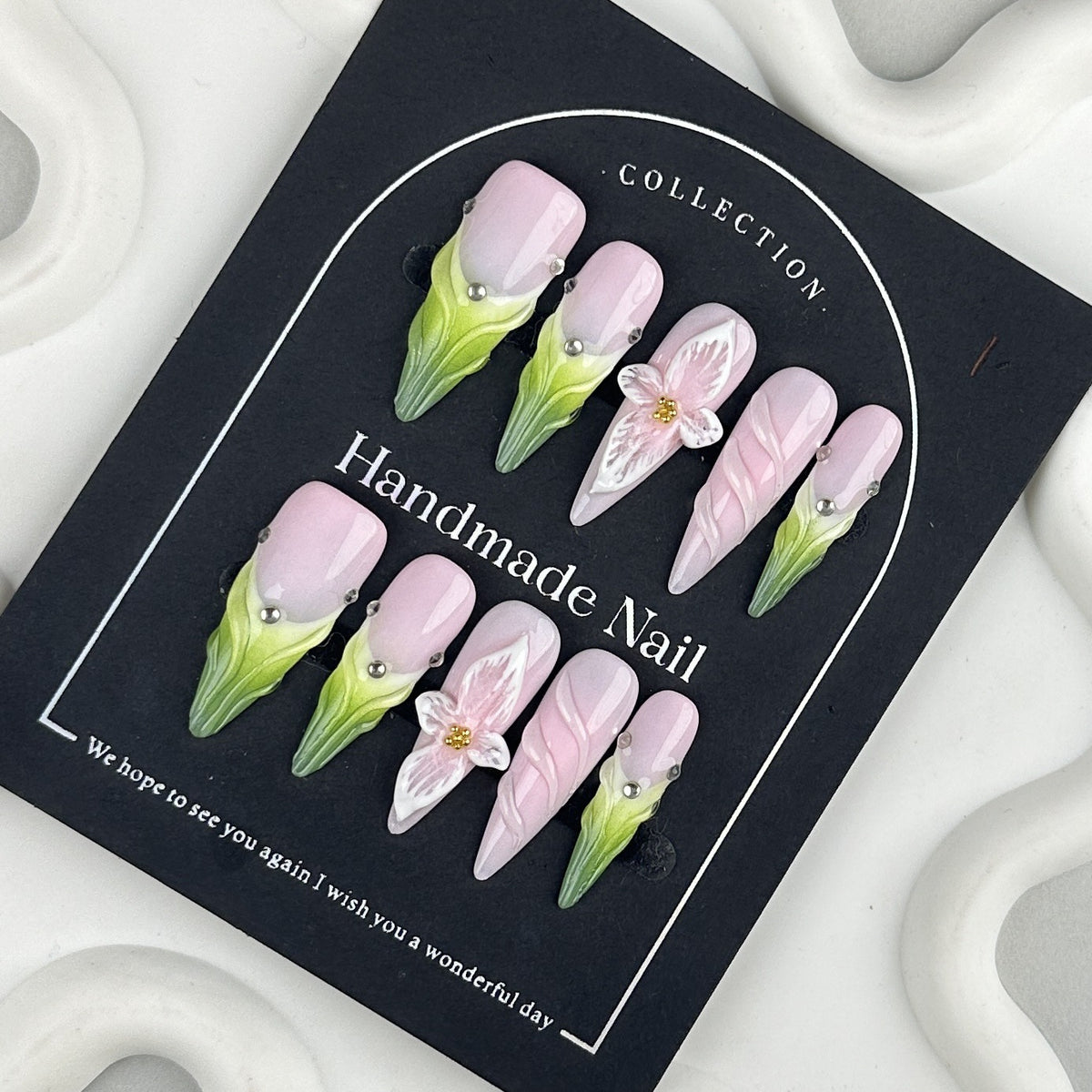YICKYUE  -  Handmade Press on Nails Gradient Green Long pointed False Nails Wearable Full Cover 3D Flowers DIY Art Detachabe Fake Nail Tips