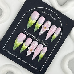 YICKYUE  -  Handmade Press on Nails Gradient Green Long pointed False Nails Wearable Full Cover 3D Flowers DIY Art Detachabe Fake Nail Tips