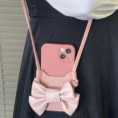 ins Korea 3D Leather Bow Card Pocket Lanyard Phone Case For iphone 11 12 13 Pro Max Pro X XR XS 7 8 Plus Plus 6S SE Cover capa