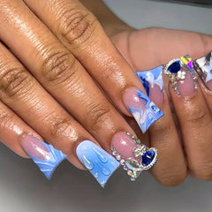 YICKYUE  -  Duckbill Cool Planet Star Y2k Nails Press On Nails 3D Water Drops French Tip Blue Gradient False Nails Flash Diamond Fake Nails