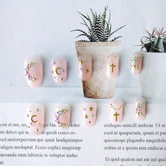 24pcs/box Pink Transparent False Nails Gold Bronzing Decoration Rhinestones Decoration Girl Press On Nails Short Nail Extension