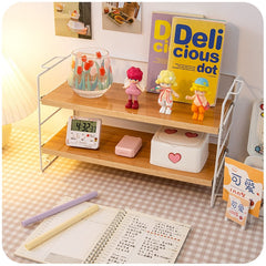 Yickyue Desktop Shelf Wrought Iron Wooden Desk Small Shelf Storage 2layers Student Desk Cosmetics Stationery Finishing Rack Organizer