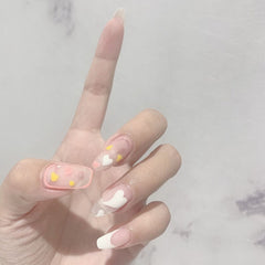 24pcs Peach pink Princess French Style Heart Decor Waterproof Girls Wearable Detachable Finished Fake Nails wih Glue for girls