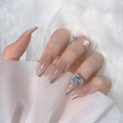 24Pcs Detachable Rhinestone Love Heart Ballerina False Nails Wearable Long Coffin Fake Nails Full Cover Nail Tips With Glue