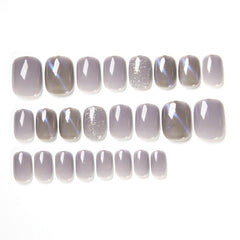 24pcs/box Wearable Finger Fake Nail with glue Blue Grey Aurora Effect Japanese Summer Showing Hands White Fingernail Patches TN