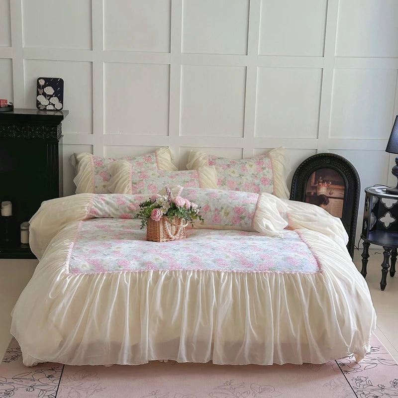 YICKYUE  -  Rose Flowers Printing Bedding Set Korean Style Luxury Princess Lace Duvet Cover Bed Skirt Pillowcases 100% Cotton Home Textile