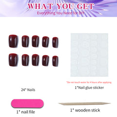 YICKYUE  -  Wine red Cherry color short French square nail press Nail patch Removable and reusable fake nails for women and girls 24pcs/ set