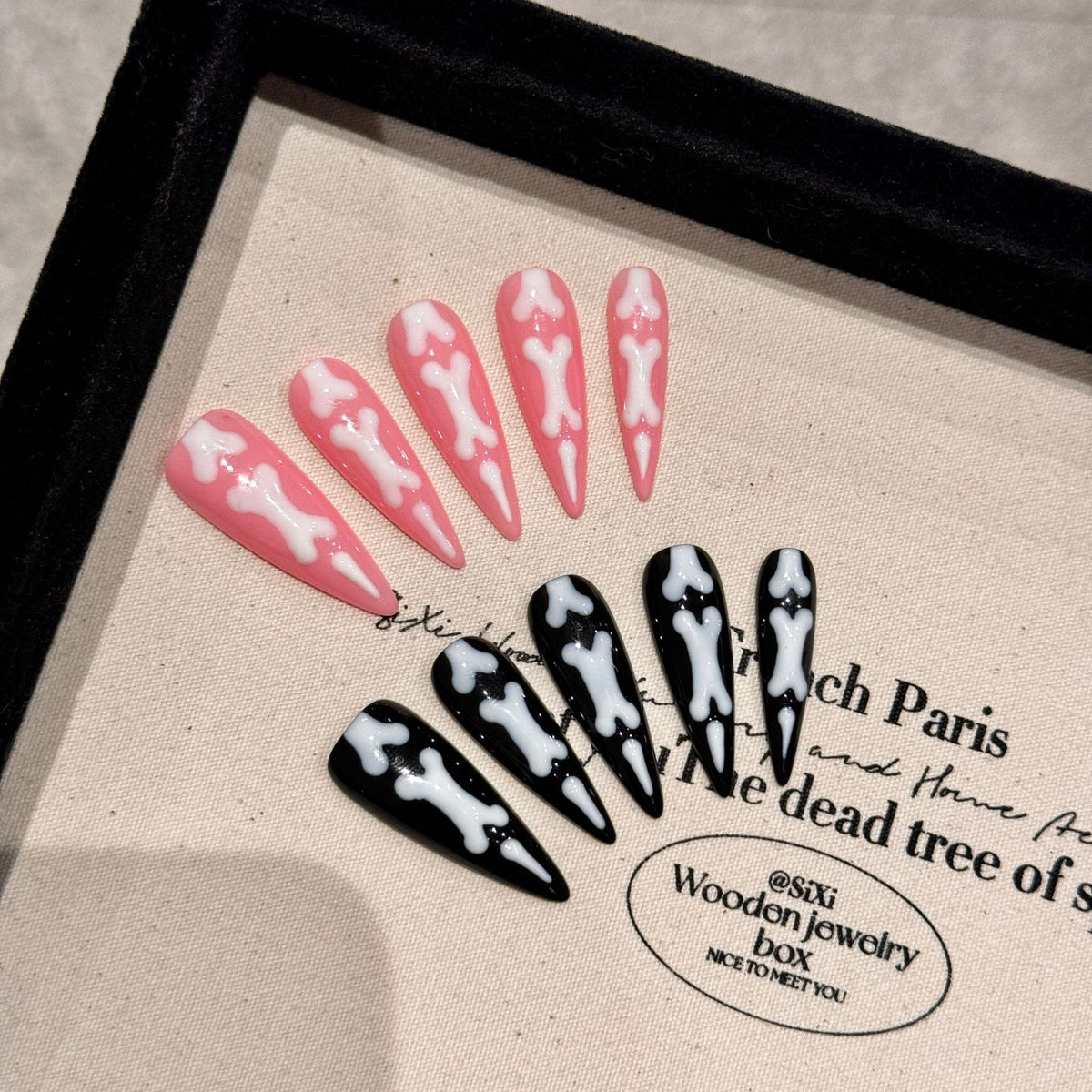 YICKYUE  -  10pcs Halloween Goth Bone Press On Nail-Glossy Long Almond Shape False Nail Sweet and Cool Full Cover Design for Women and Girls