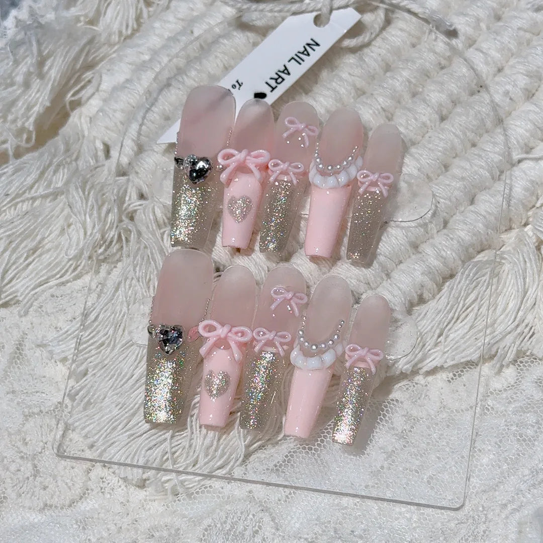 Yickyue  10pcs Pink Bow Fake Nails Glitter Powder Decor Sweet French Press on Nails for Lady Girl Wearable Handmade Korean Fake Nail Tips