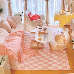 Yickyue Checkerboard Carpets for Living Room Girl Ins Style Bedroom Bedside Carpet Large Area Lattice Floor Mat Fluffy Soft Lounge Rug