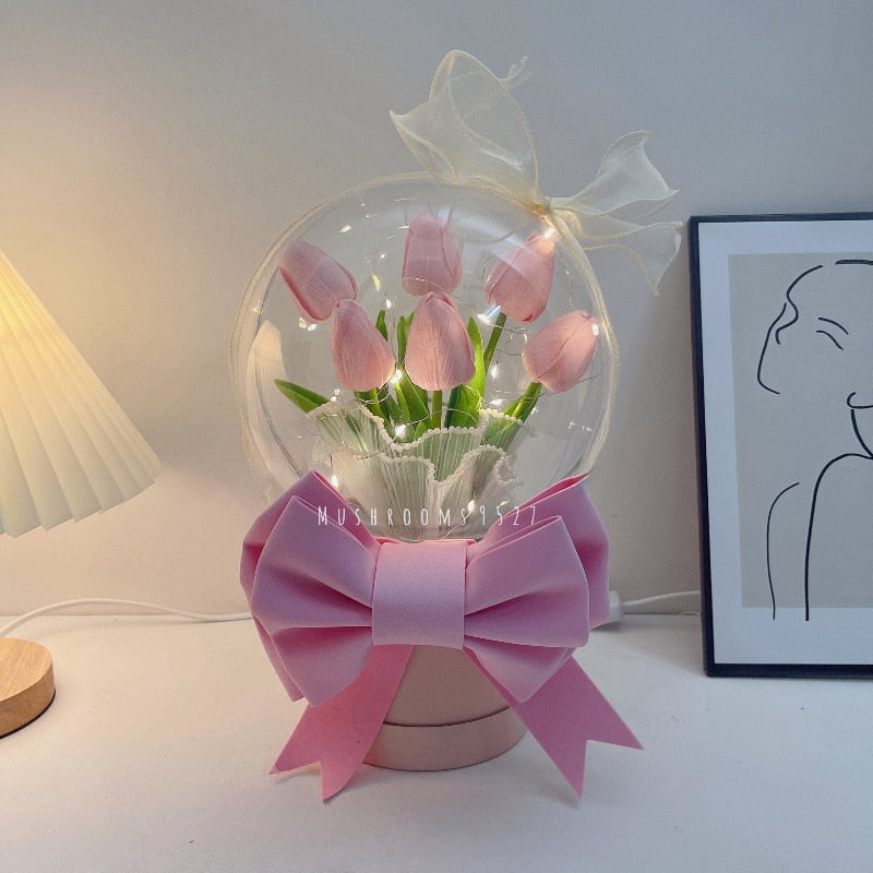 Christmas and New Year Gift Romantic Tulip Pink Hug Bucket Bouquet DIY Material Package Girl Heart for Girlfriend Girlfriend