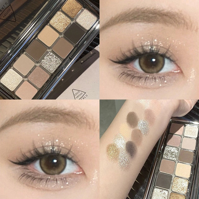Yickyue 12 Color Matte Pearlescent Eyeshadow Palette Shimmer Milk Tea Cement Color Eye Shadow Tray Shiny Long Lasting Eye Makeup