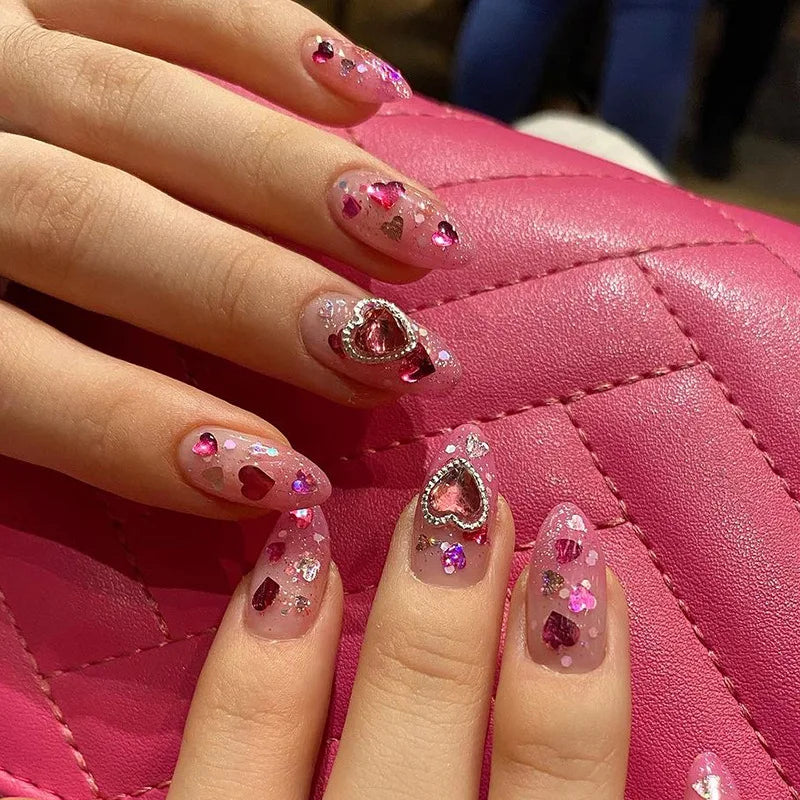 YICKYUE  -  Valentine Bowknot Pearls Rhinestones Totem Red Love Gradient Fake Nail Tip Detachable Finished False Art Nail Press on Nail Glue