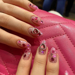 YICKYUE  -  Valentine Bowknot Pearls Rhinestones Totem Red Love Gradient Fake Nail Tip Detachable Finished False Art Nail Press on Nail Glue