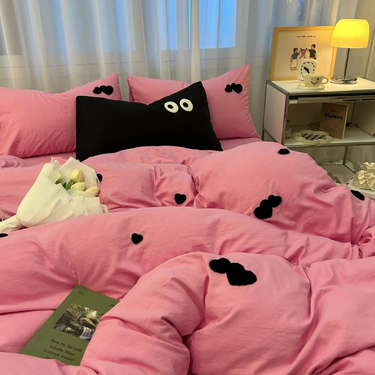 Yickyue Ins Cartoon Cute Dog Bedding Set Towel Embroidery Duvet Cover Queen Twin Full Size Pink Bed Flat Sheet Quilt Cover Pillowcases