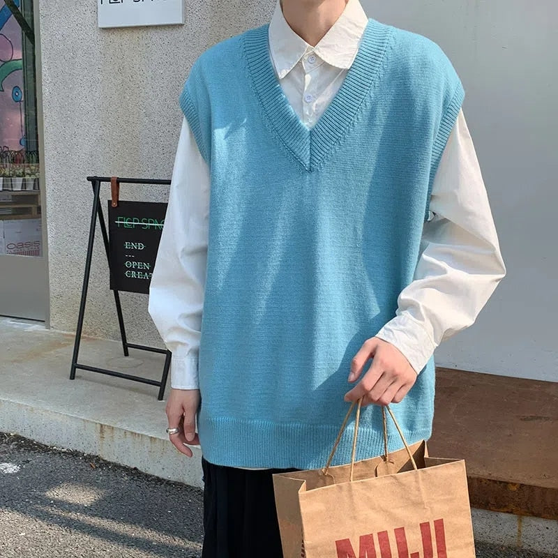 YICKYUE  -  Autumn Winter Fashion Solid Casual Men's Loose T-Shirt Cool Boy Girl Knitted Sweater Vest DK Preppy Style Soft Long Sleeve Unise