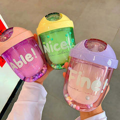 300ml Cartoon Cute Straw Water Bottle Double-layer Straw Cup Gliding Lid Cup Transparent Straw Plastic Drinking Bottle Water Cup