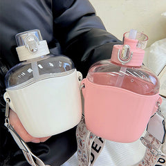 700 ML Large Capacity Flat Plastic Water Bottles For Girls With Straw Portable Strap Outdoor Cycling Sport Drinking Water Kettle