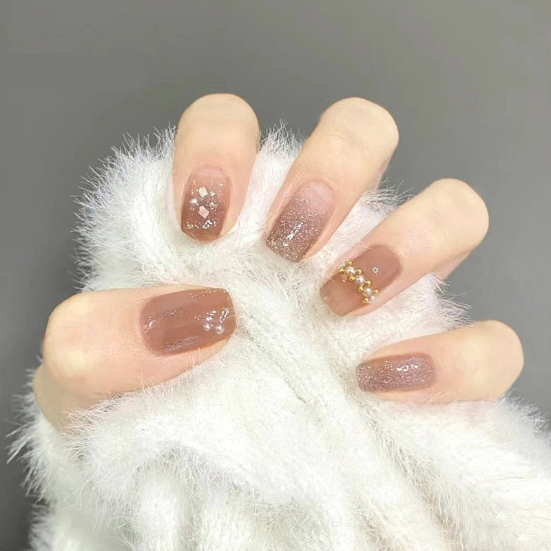 24PCS Sweet Fake Nails press on Crystal Pearl Full Cover Midi Nails Suitable Fairy Girls Decor Wearable  nail tips free shipping