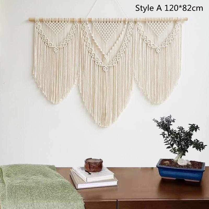 Handwoven Macrame Wall Hanging Tapestry Cotton Bohemian Curtain Tapestry with Tassel Large Wedding Background for Bedroom Decor