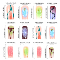 YICKYUE  -  24PCS Long Ballet y2k Nail with 3D Water Stripe Decor Coffin Reusable Adhesive False Nails Wearable Colorful Fake Nails Press On