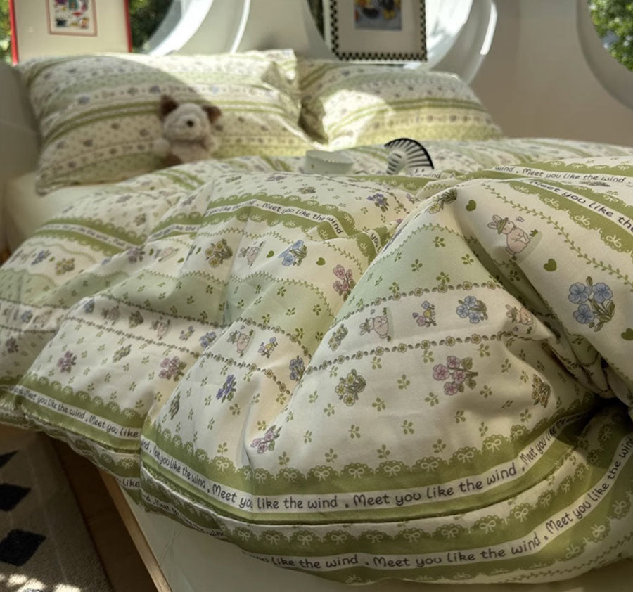 YICKYUE  -  Fresh fashion green flower rabbit beding set,twin full queen french floral cotton home textile bed sheet pillow case quilt cover