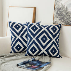 J Home Decor Embroidered Cushion Cover Navy Blue/White Geometric Floral Canvas Cotton Suqare Embroidery Pillow Cover 45x45cm