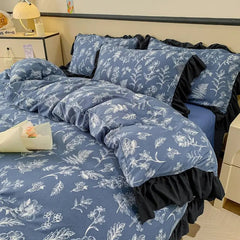 YICKYUE  -  Elegant Bedding Set Hepburn Style Lace Floral Duvet Cover Bed Sheet Quilt Set Three Piece Set French Dormitory Wash Ins