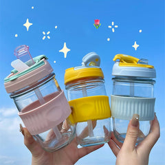 Kawaii Glass Bottle With Straw For Drinks Water Milk Coffee Tea Juice Cute Korean Portable Insulated Drinking Bottle For Girl