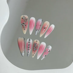 YICKYUE  -  10pcs Handmade Press on Nails Pink Blush 3D Metal Star Decor Fake Nail Tips Reusable Wearable Y2k Long Pointed False Nails