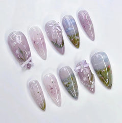 YICKYUE  -  24pcs Wearable Pastoral Style False Nails Long Almond Nails Press On Nails With 3D Bow Pearls Designs Flash Cat's Eye Fake Nails