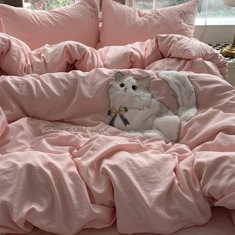 YICKYUE  -  Simple Ins  Washed Cotton Four-piece Solid Color Appliqued Cloth Embroidered Bedding Set Bed Cover Set Dormitory Bed Sheet 3pc