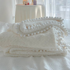 Yickyue Pom Pom Throw Blanket Knit Fleece Flannel Velvet Tassels Fringe Decorative Twin Warm Soft Cozy Knitted for Couch Sofa Bed TJ6991