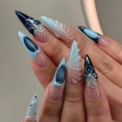 YICKYUE  -  24pcs Blue Long Stiletto Fake Nails Pearl Press on Nails Bright Hot Girl Fake Nails with 3D Seashell Flower Full Over Nail Tips