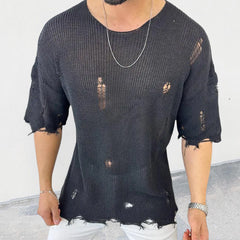 Hearujoy Summer Men Sweater Thin Short Sleeve O-neck Knitted T-shirt Tops Casual Hollow Loose Knit Shirt Pullover Male Streetwear