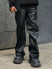 Hearujoy [Loose Fit Faux Leather Pants] Men'S Casual Chic Faux Leather Pants, Street Style Straight Leg Trousers, Loose Fit with Pockets, Solid Color, Polyester 55%, Polyurethane 45%, Non-Stretch Fabric, Spring/Fall C
