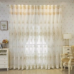 YICKYUE   -  Double Layer Embroidered Curtains For Bedroom Luxury European Bead Rope Embroidered Tulle Curtains with Valance for Living Room