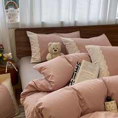 YICKYUE  -  Korean Jacquard Cotton Bedding Set - 4PC Lace Trim Duvet Cover | Woven Floral Design (Class A Certified)