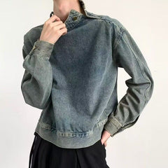 Hearujoy Vintage Distressed Men's Denim Sweatshirt Release High Collar Luxury Design Tops Pullover Autumn  Winter Harajuku Unisex Hoodie
