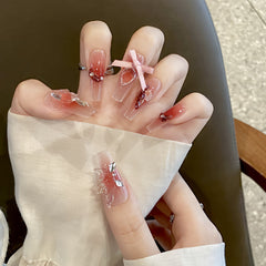 YICKYUE  -  10pcs Handmade Fake Nails French Handmade Butterfly 3D-flower bow With Rhinestone Artificial Nails Full Cover Press On Nail Long