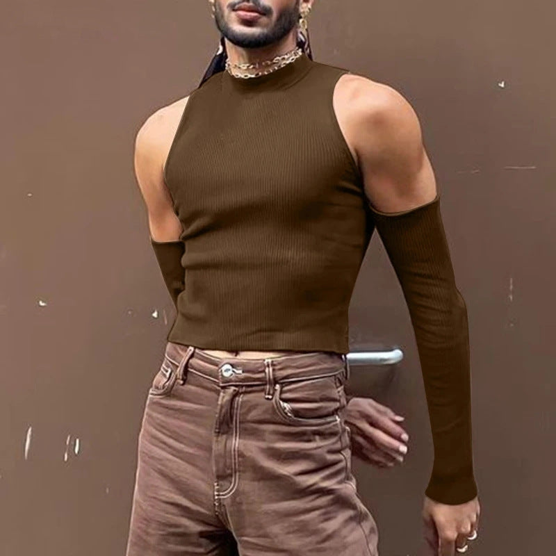 Hearujoy Sexy Off Shoulder T shirts For Men High Neck Long Sleeve Tight Turtleneck Tops Summer Casual Slim Hollow Out Crop Tee Streetwear