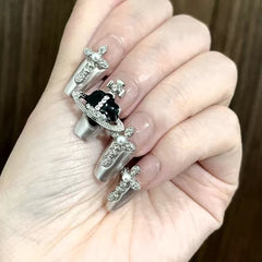 Saturn Design Glitter Short False Nails Tips Handmade French Style Press On Nails Y2K Coffin Ballet  Acrylic Fake Nail With Glue