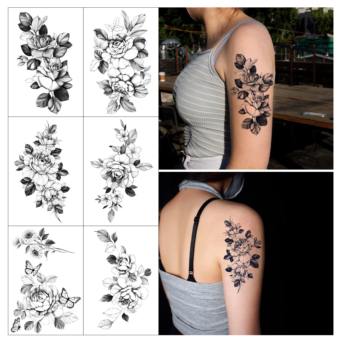 YICKYUE  -  6/7pcs Disposable Sketch Drawings Temporary Tattoo Flowers Butterfly Dandelion Sticker Waterproof Body Art Daily Make Up