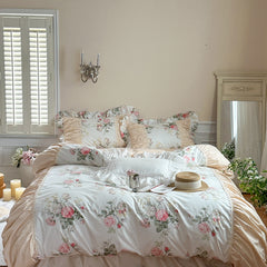 YICKYUE  -  Korean Princess Style Pleat Ruffles 100% Cotton Bedding Set Elegant Vintage Rose Floral Duvet Cover Set Bed Skirt Pillowcases