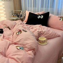 Yickyue Ins Cartoon Cute Dog Bedding Set Towel Embroidery Duvet Cover Queen Twin Full Size Pink Bed Flat Sheet Quilt Cover Pillowcases