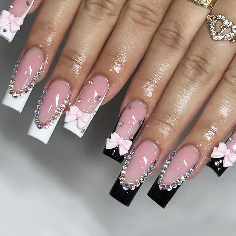 YICKYUE  -  24pcs 3D Love Fake Nail Patches Heavy Metal Pink Press on Nail Full Cover Wearable Long Ballet Coffin French False Nail Patches