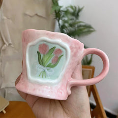 YICKYUE  -  Retro Irregular Ceramic Mug, Hand-painted, Oil Painting Style, Coffee Breakfast Cup, Birthday Gift, Drink Set