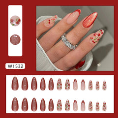 YICKYUE  -  24pcs Cat's Eye Almond Fake Glitter Nails Press On Long Stiletto Nail Art Cherry Wine Red French False Nails Tips Finished Nail