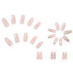 24Pcs/Box Ballet Coffin False Nails With Glue White Camellia Pearls Designs Fake Nails Full Cover Reusable Press On Nail Tips
